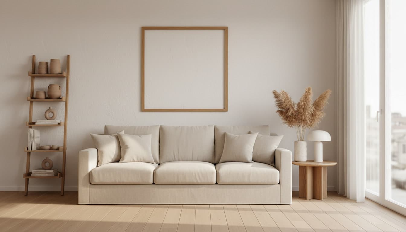 Living room scene with cream sofa